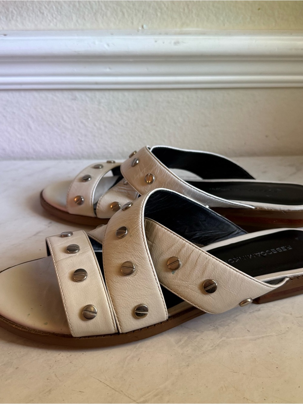 Rebecca Minkoff White Studded Leather Slide Sandals - Picture 7 of 7